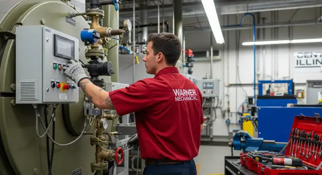 Technician servicing a commercial boilers and chillers systems for heating and HVAC performance in an industrial facility