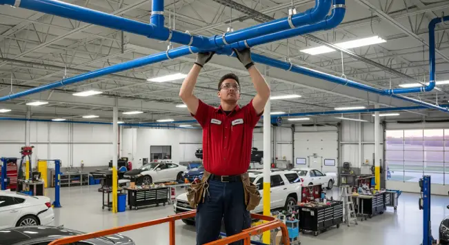 Technician installing compressed air piping system inside an industrial manufacturing facility