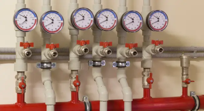 Commercial gas piping system with multiple pressure gauges and control valves for monitoring system performance