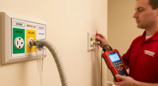 Technician testing medical gas outlet connections on a hospital wall using diagnostic equipment