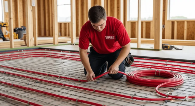 Warner Mechanical specialists installing a commercial in-floor radiant heat system in Central Illinois.