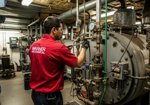 Warner Mechanical technician inspecting and servicing an industrial boiler system in a mechanical room