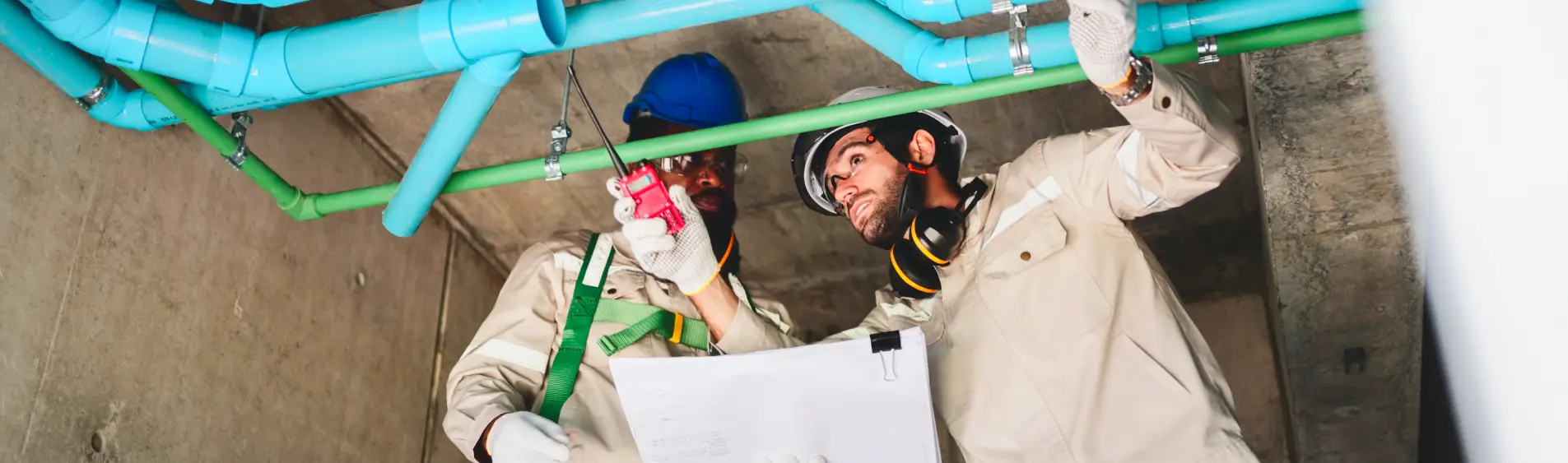 A Plumbing Contractor in Peoria, IL, discussing the piping connection to another contractor in a commercial facility.
