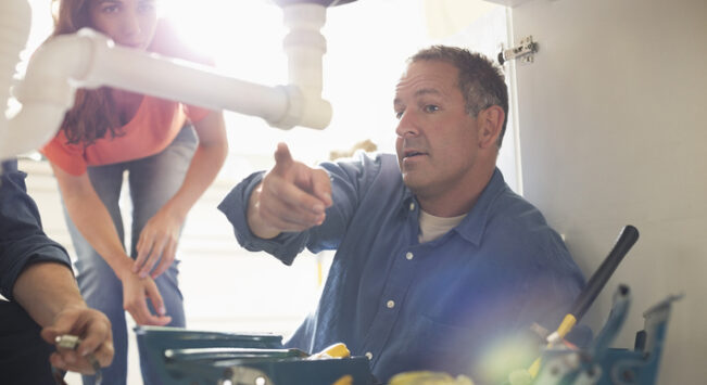 Professional plumbers Washington IL from Warner LLC performing an under-sink kitchen repair while a homeowner observes the work